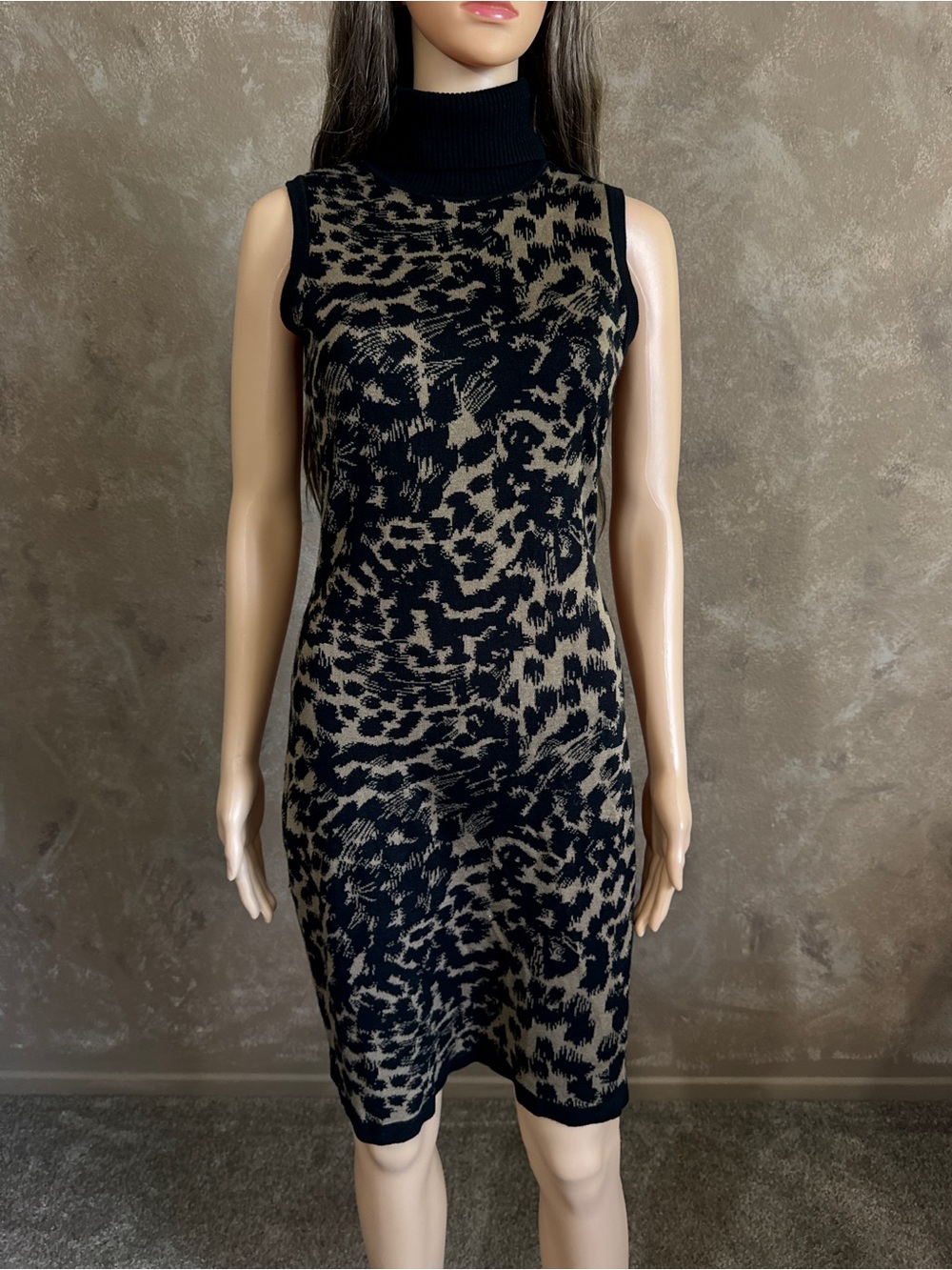 CALVIN KLEIN Leopard Sleeveless Turtleneck Animal-Print Knit Dress Black and Tan
